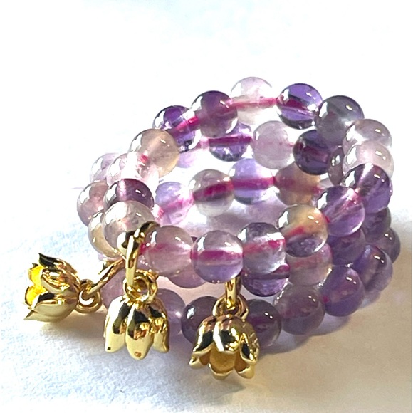 Natural Amethyst Stretchy Lotus Flower Rings Set of 3 Pieces Crystal Gemstone - Picture 5 of 8